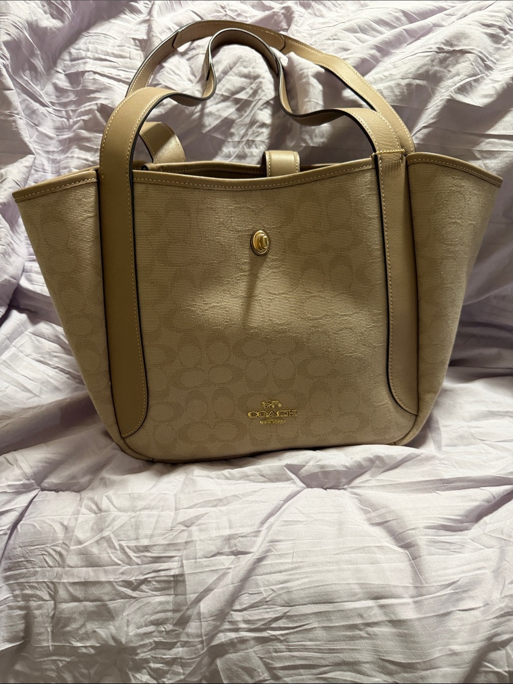 Coach Tan Canvas Logo Tote with Leather Trim